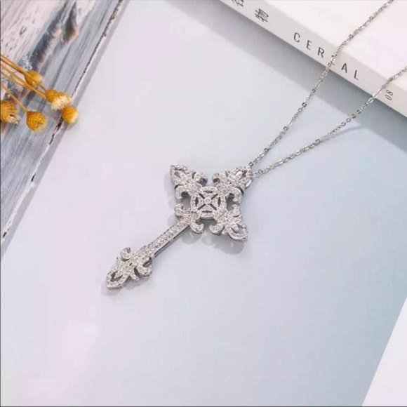 New Men Women 925 Silver Cross Diamond Necklace - Picture 3 of 5